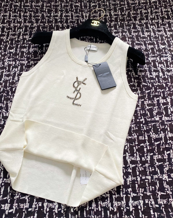 YSL 25 Knitted Logo Vest Blue and White Tencel Wool Linen