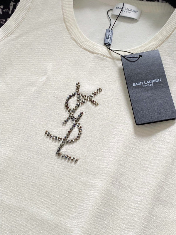 YSL 25 Knitted Logo Vest Blue and White Tencel Wool Linen