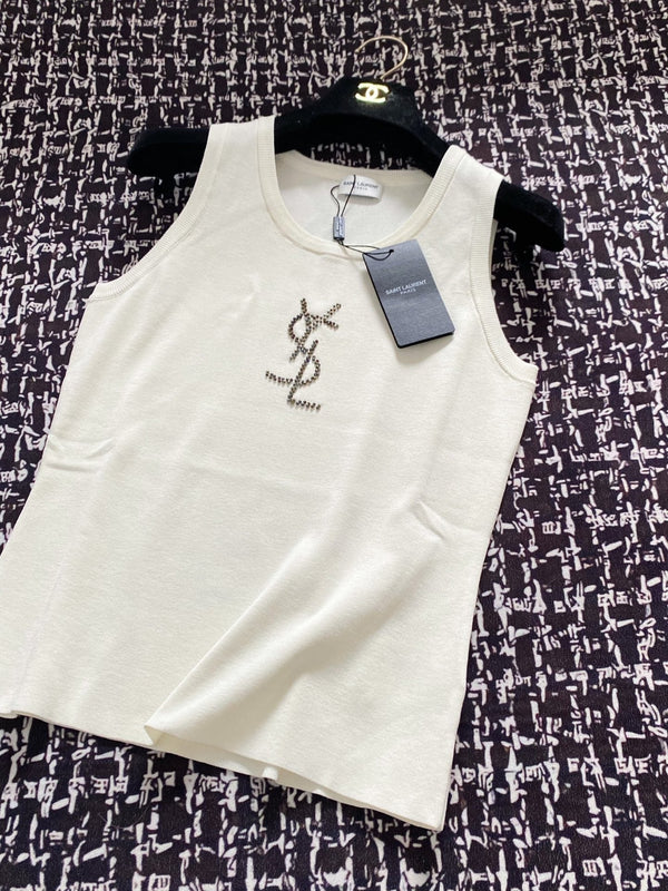 YSL 25 Knitted Logo Vest Blue and White Tencel Wool Linen