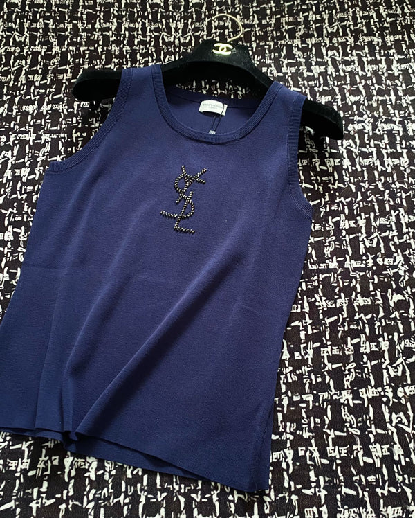 YSL 25 Knitted Logo Vest Blue and White Tencel Wool Linen
