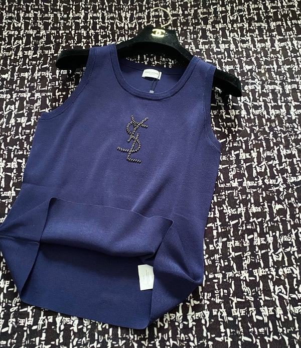 YSL 25 Knitted Logo Vest Blue and White Tencel Wool Linen