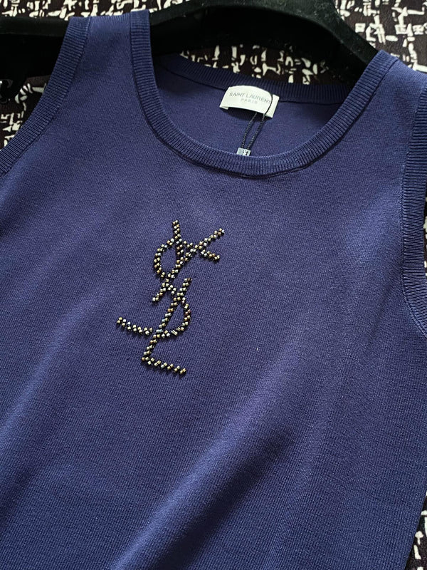 YSL 25 Knitted Logo Vest Blue and White Tencel Wool Linen