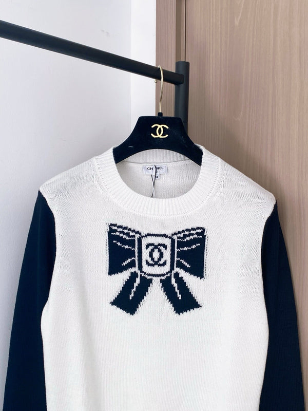 Chanel 2025 Pull Nœud Mélange Blanc Bleu Laine 99230