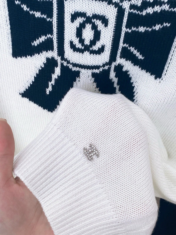 Chanel 2025 Pull Nœud Mélange Blanc Bleu Laine 99230