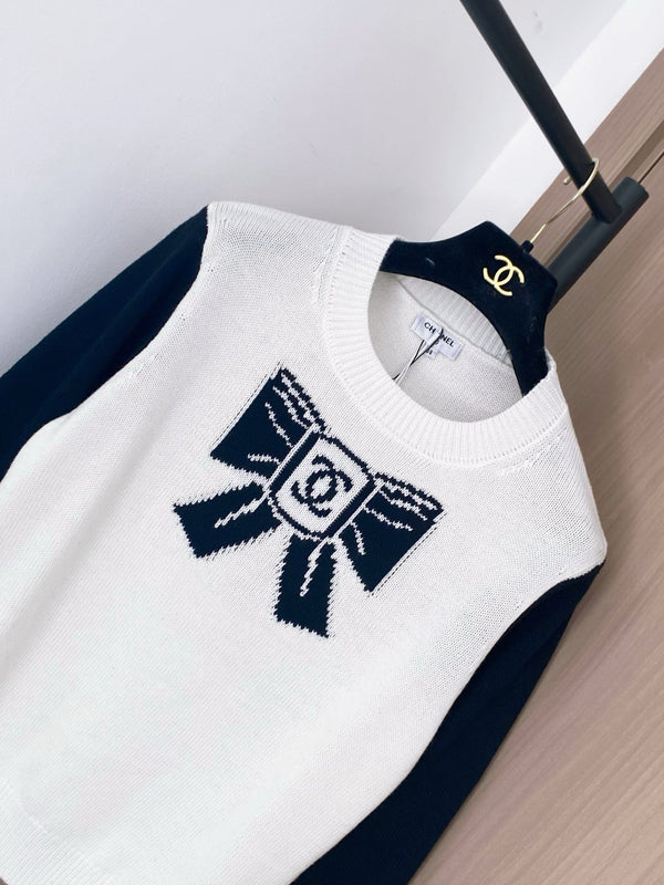 Chanel 2025 Pull Nœud Mélange Blanc Bleu Laine 99230