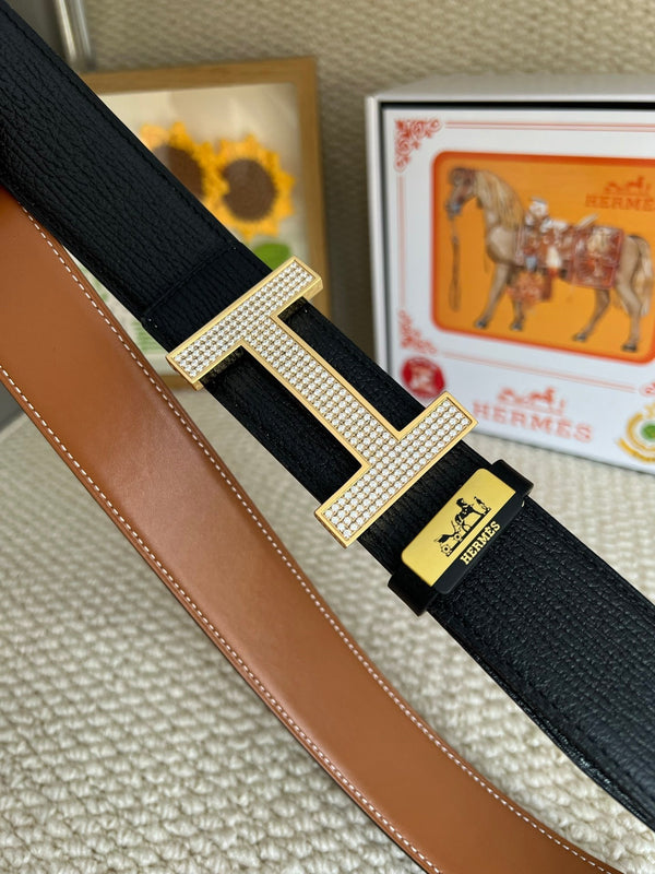 HM Belt 38mm Black Brown Cowhide Gold Diamond Buckle 618968