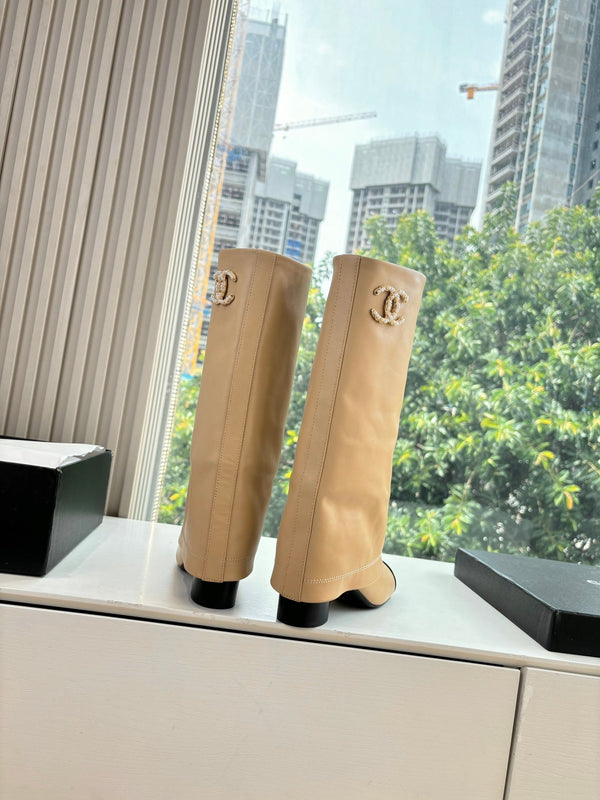 CC 25 High Boot Beige Calfskin Black Grosgrain 430337