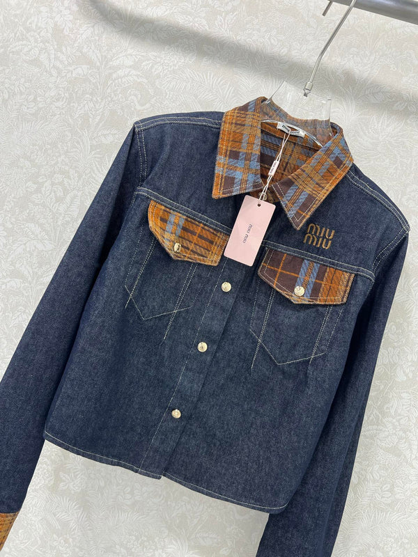 Miu Miu 25 Classic Plaid Pocket Denim Short Jacket