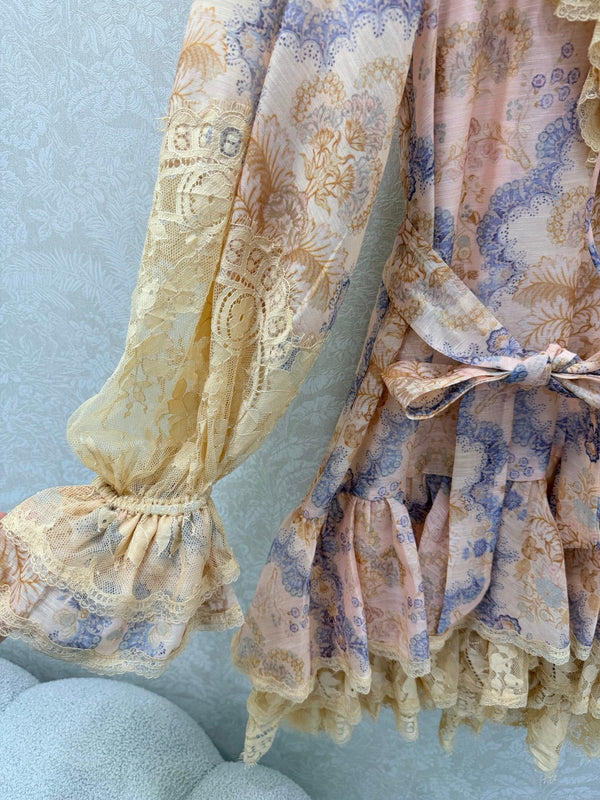 Mini-robe en coton fleuri couleur camel à lacets Zimmermann Rebellion 335960