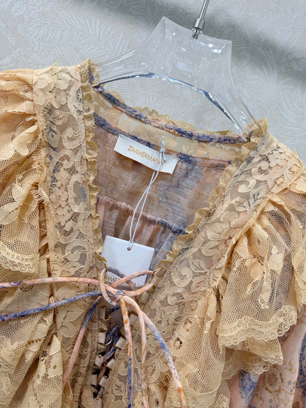 Mini-robe en coton fleuri couleur camel à lacets Zimmermann Rebellion 335960