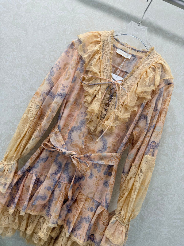 Mini-robe en coton fleuri couleur camel à lacets Zimmermann Rebellion 335960