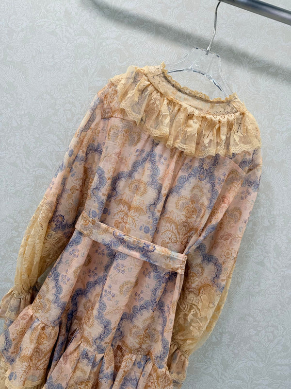 Mini-robe en coton fleuri couleur camel à lacets Zimmermann Rebellion 335960