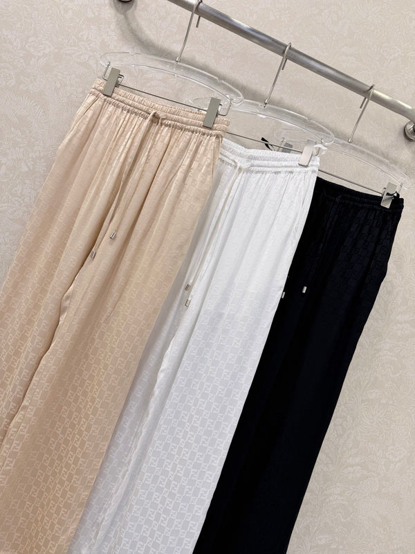 Fendi 26s Wide-Leg Trousers Jacquard Pattern White Rayon Cotton 351984