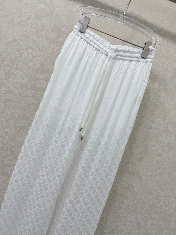 Fendi 26s Wide-Leg Trousers Jacquard Pattern White Rayon Cotton 351984