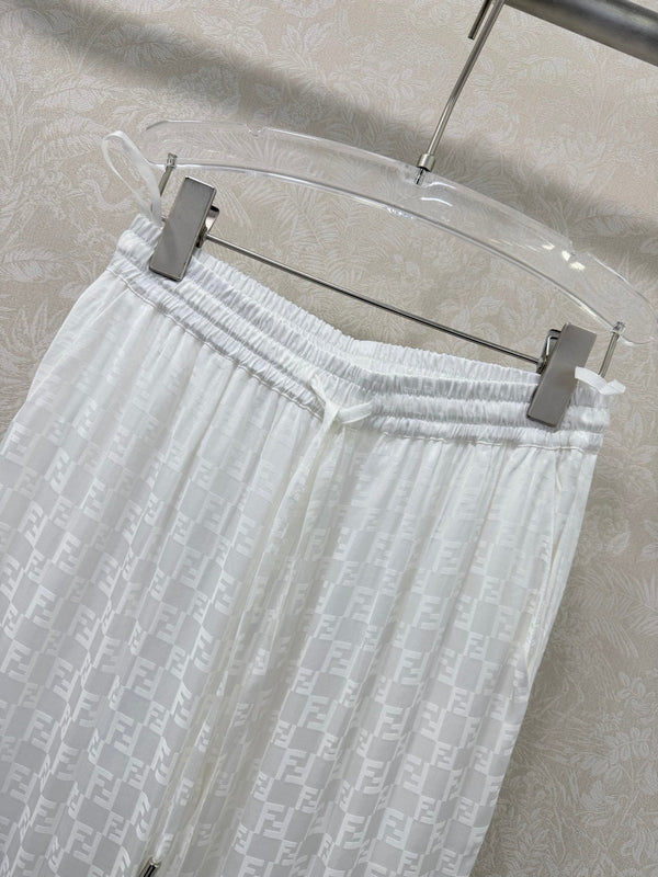 Fendi 26s Wide-Leg Trousers Jacquard Pattern White Rayon Cotton 351984