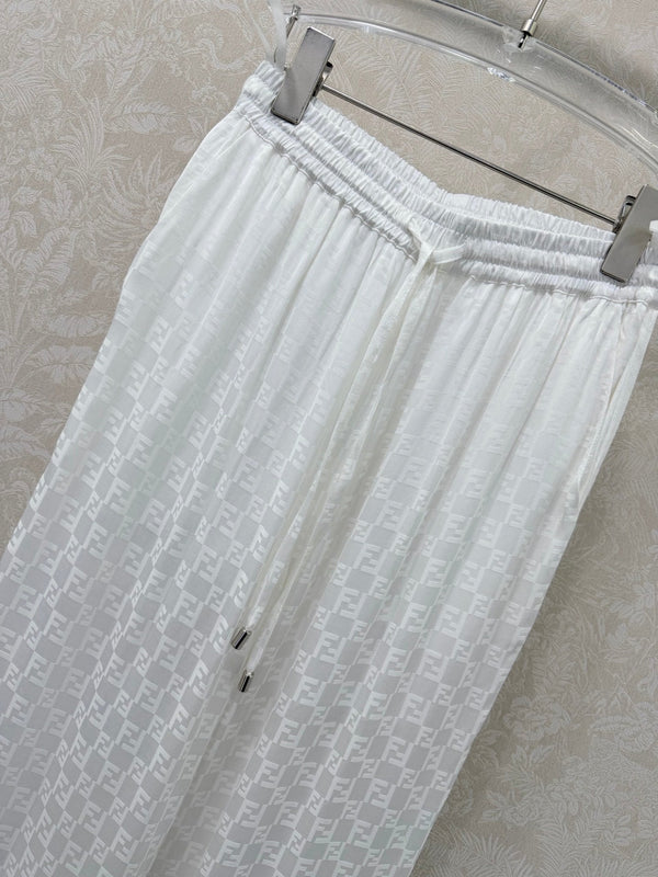 Fendi 26s Wide-Leg Trousers Jacquard Pattern White Rayon Cotton 351984