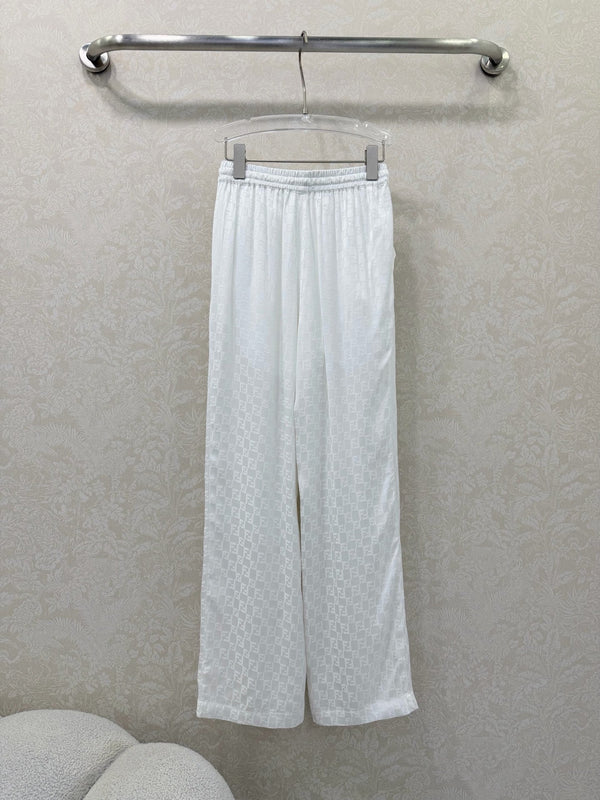 Fendi 26s Wide-Leg Trousers Jacquard Pattern White Rayon Cotton 351984