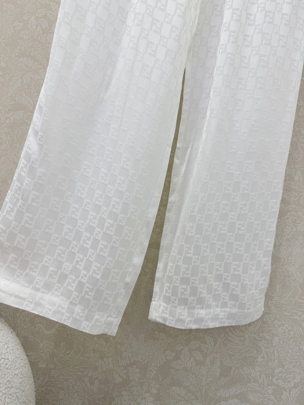 Fendi 26s Wide-Leg Trousers Jacquard Pattern White Rayon Cotton 351984