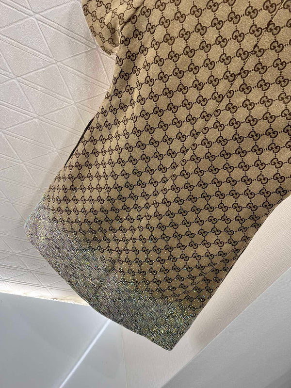 Mini abito con monogramma GG beige decorato con cristalli