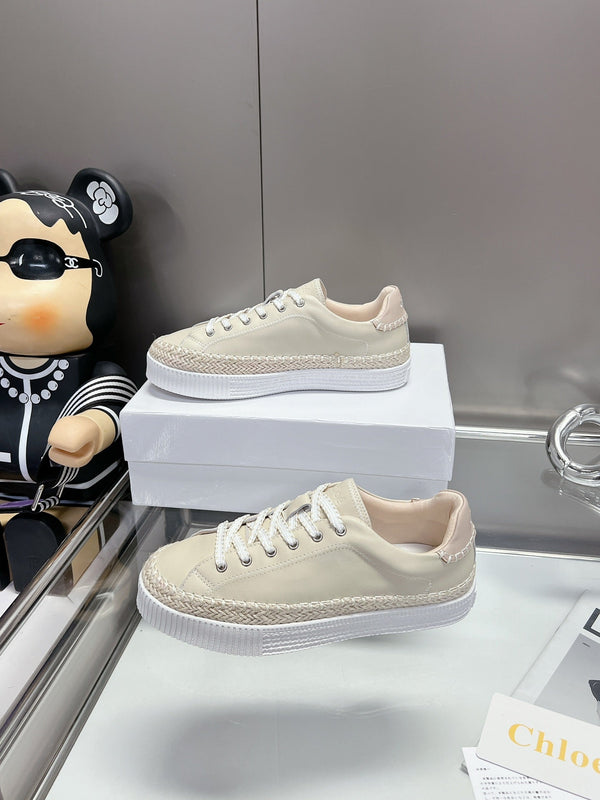 CHLOÉ TELMA LACE-UP SNEAKER IN CREAM BEIGE LAMBSKIN AND RAFFIA