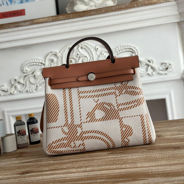 BORSA BOLSO HERBAG ZIP 31 RETOURNE IN TELA VIKING E PELLE DI VACCA MIX MARRONE SPORCO