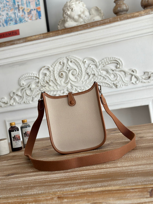 BORSA MINI NEO 17 EVELYNE IN TELA BEIGE E PELLE DI VITELLO MARRONE BRONZO