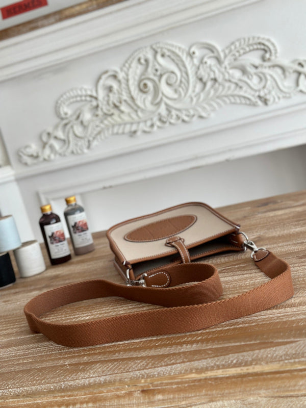 BORSA MINI NEO 17 EVELYNE IN TELA BEIGE E PELLE DI VITELLO MARRONE BRONZO