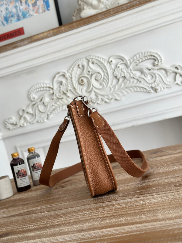 BORSA MINI NEO 17 EVELYNE IN TELA BEIGE E PELLE DI VITELLO MARRONE BRONZO