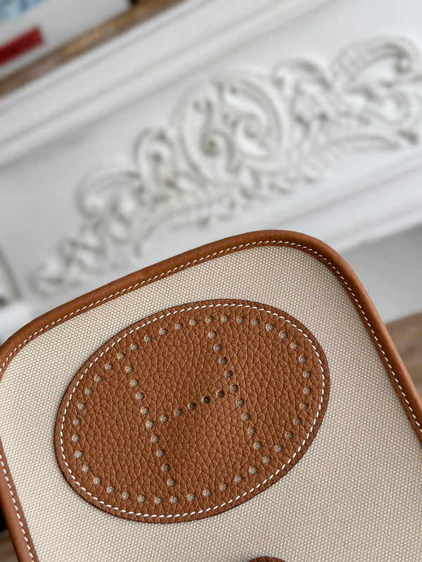 BORSA MINI NEO 17 EVELYNE IN TELA BEIGE E PELLE DI VITELLO MARRONE BRONZO