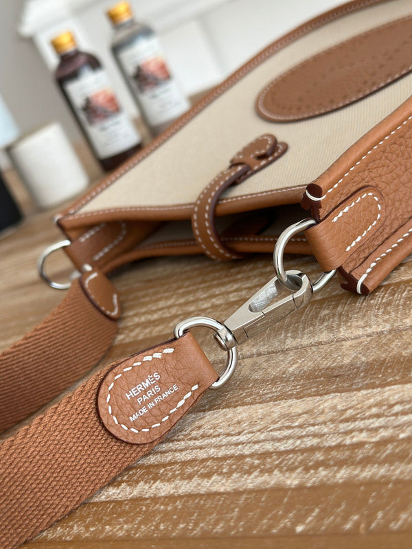 BORSA MINI NEO 17 EVELYNE IN TELA BEIGE E PELLE DI VITELLO MARRONE BRONZO