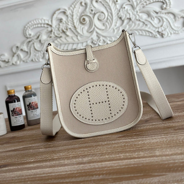 BORSA MINI NEO 17 EVELYNE IN TELA COLOR TAN OYSTER E PELLE DI VITELLO BIANCA
