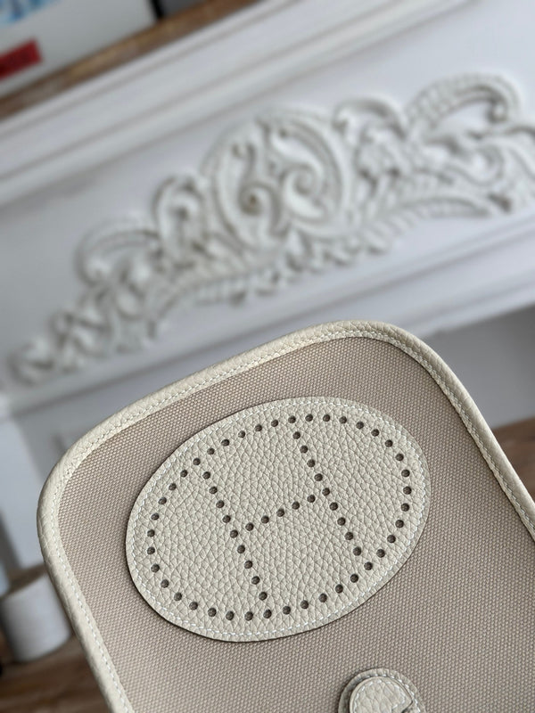 BORSA MINI NEO 17 EVELYNE IN TELA COLOR TAN OYSTER E PELLE DI VITELLO BIANCA