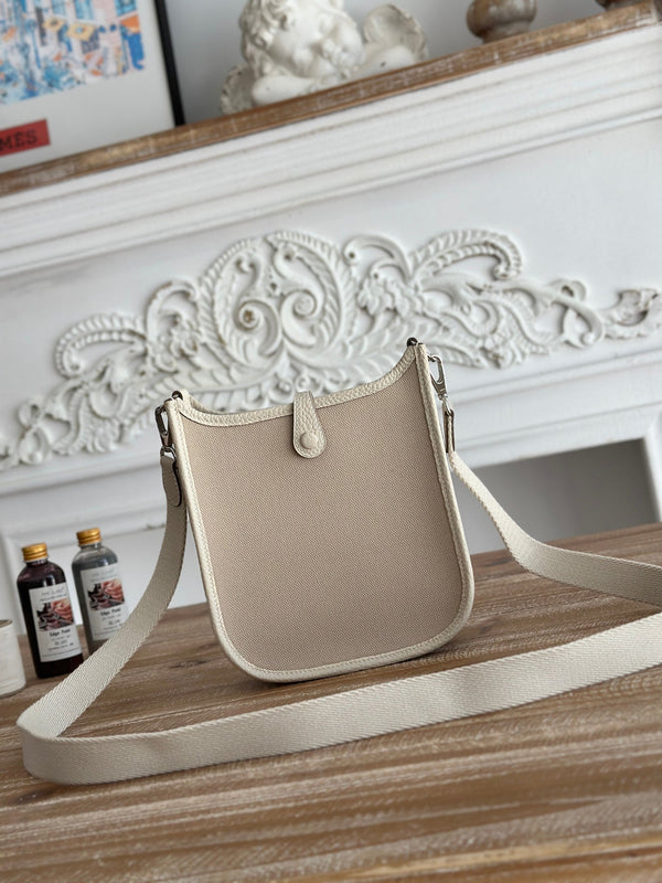 BORSA MINI NEO 17 EVELYNE IN TELA COLOR TAN OYSTER E PELLE DI VITELLO BIANCA