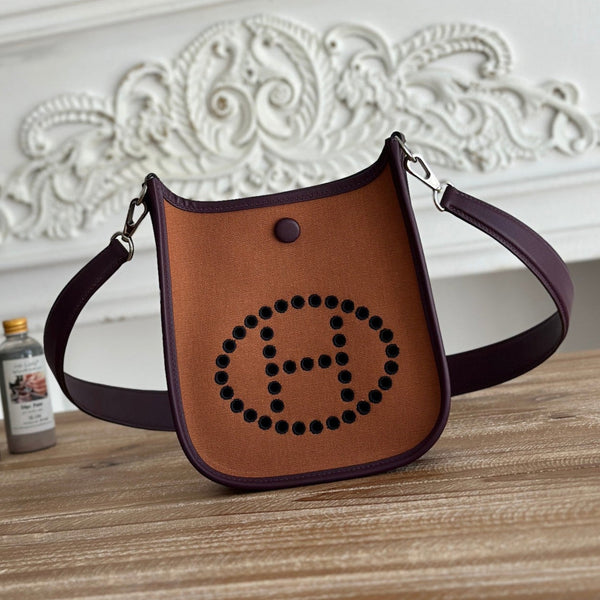 BORSA MINI NEO 17 EVELYNE IN TELA MARRONE BRONZO E PELLE DI VITELLO VIOLA PRUGNA