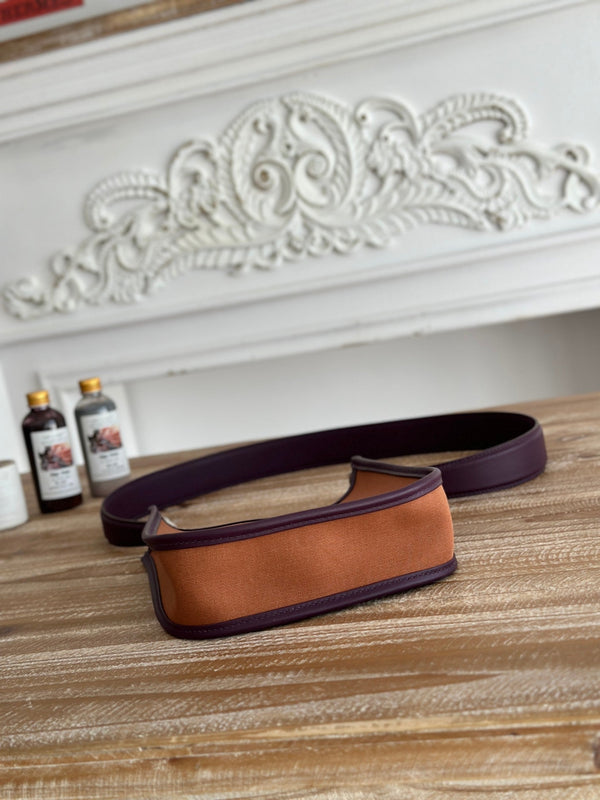 BORSA MINI NEO 17 EVELYNE IN TELA MARRONE BRONZO E PELLE DI VITELLO VIOLA PRUGNA