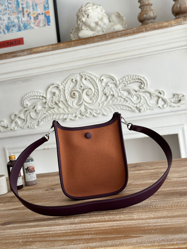 BORSA MINI NEO 17 EVELYNE IN TELA MARRONE BRONZO E PELLE DI VITELLO VIOLA PRUGNA