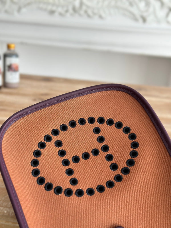 BORSA MINI NEO 17 EVELYNE IN TELA MARRONE BRONZO E PELLE DI VITELLO VIOLA PRUGNA