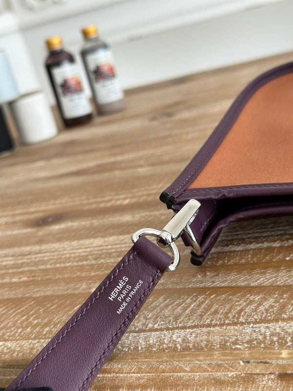 BORSA MINI NEO 17 EVELYNE IN TELA MARRONE BRONZO E PELLE DI VITELLO VIOLA PRUGNA