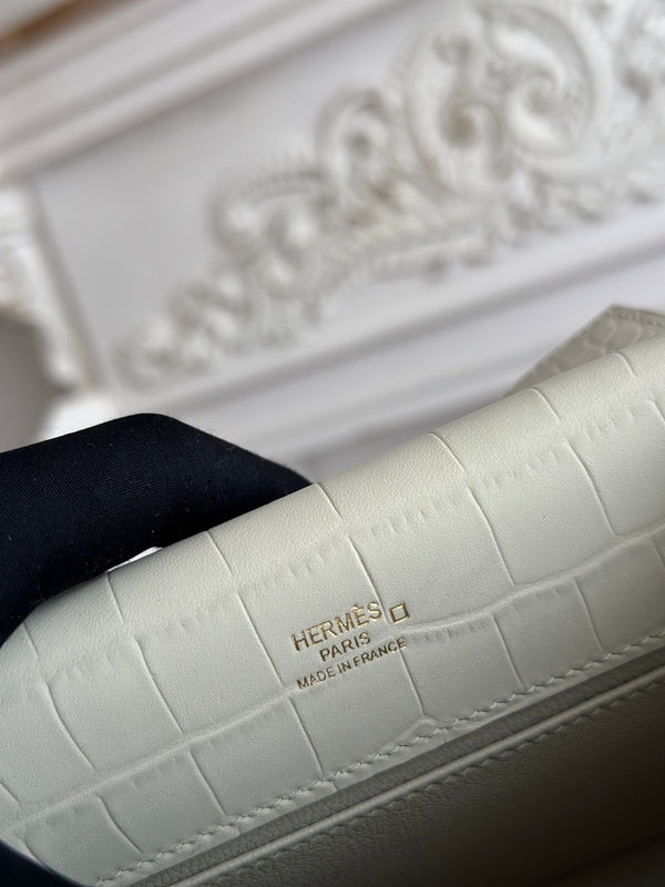 HM 26s Kelly Mini 22cm Milky White Croc Embossed Calfskin