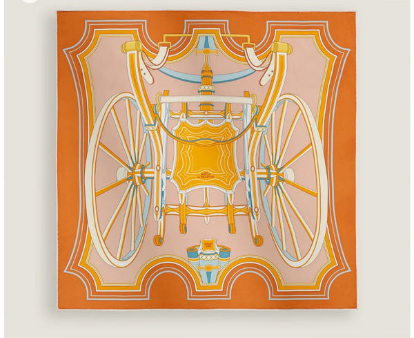 HM Les Roues de Phaeton Scarf 140x140cm Orange Yellow Silk Cashmere 269483