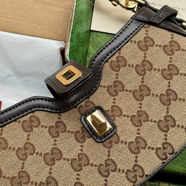 BORSA A TRACOLLA MOON SIDE 24 IN TELA BEIGE E RIFINITURE IN PELLE MARRONE SCURO