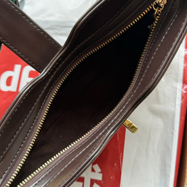 BORSA A TRACOLLA MOON SIDE 24 IN TELA BEIGE E RIFINITURE IN PELLE MARRONE SCURO