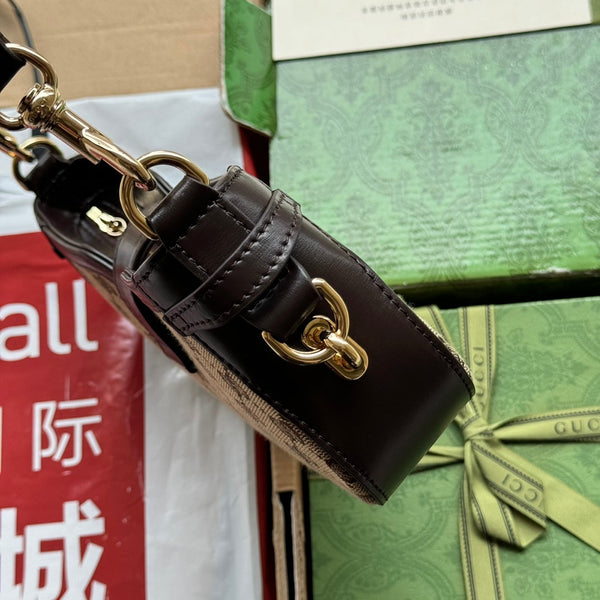 BORSA A TRACOLLA MOON SIDE 24 IN TELA BEIGE E RIFINITURE IN PELLE MARRONE SCURO