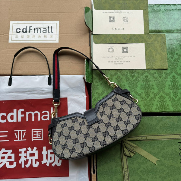 BORSA A TRACOLLA MOON SIDE 24 IN TELA BEIGE E RIFINITURE IN PELLE NERA