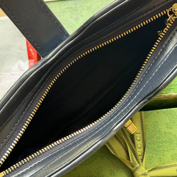 BORSA A TRACOLLA MOON SIDE 24 IN DENIM GOFFRATO BLU E BORDI IN PELLE DI VITELLO NERA, FERRAMENTA ORO