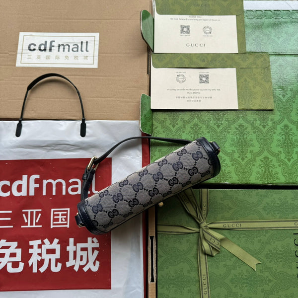 BORSA A TRACOLLA LUCE MINI 20 IN TELA GRIGIO CHIARO E BORDI IN PELLE DI VITELLO NERA, FERRAMENTA ORO