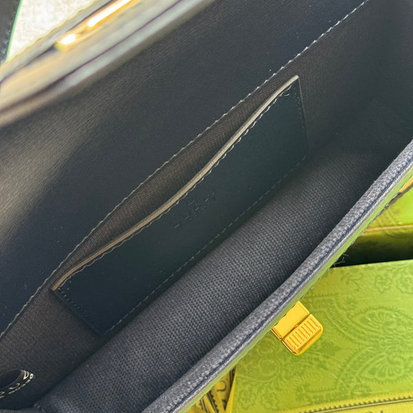 BORSA A TRACOLLA LUCE MINI 20 IN TELA GRIGIO CHIARO E BORDI IN PELLE DI VITELLO NERA, FERRAMENTA ORO