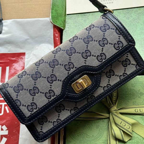 BORSA A TRACOLLA LUCE MINI 20 IN TELA GRIGIO CHIARO E BORDI IN PELLE DI VITELLO NERA, FERRAMENTA ORO