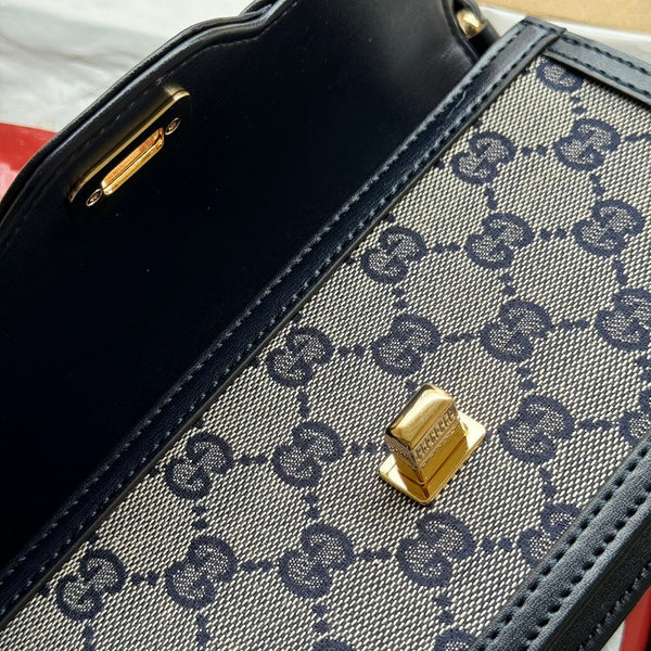 BORSA A TRACOLLA LUCE MINI 20 IN TELA GRIGIO CHIARO E BORDI IN PELLE DI VITELLO NERA, FERRAMENTA ORO