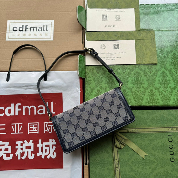 BORSA A TRACOLLA LUCE MINI 20 IN TELA GRIGIO CHIARO E BORDI IN PELLE DI VITELLO NERA, FERRAMENTA ORO